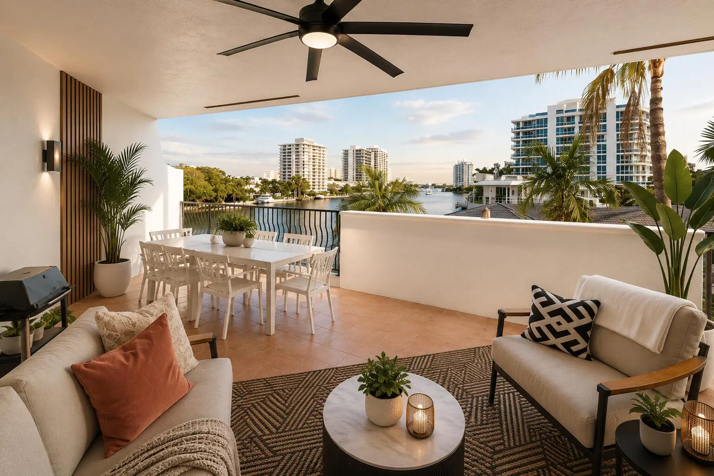 A modern outdoor patio with a white dining table, beige sofa, and city views.