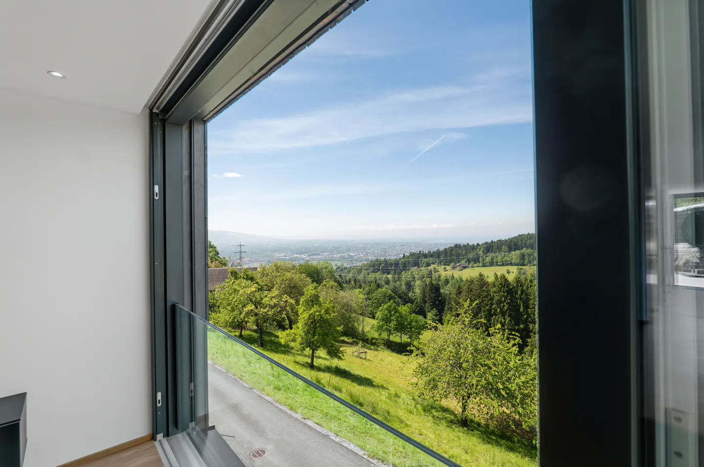View from a modern home's sliding glass door, showcasing a green landscape and distant city under a blue sky.