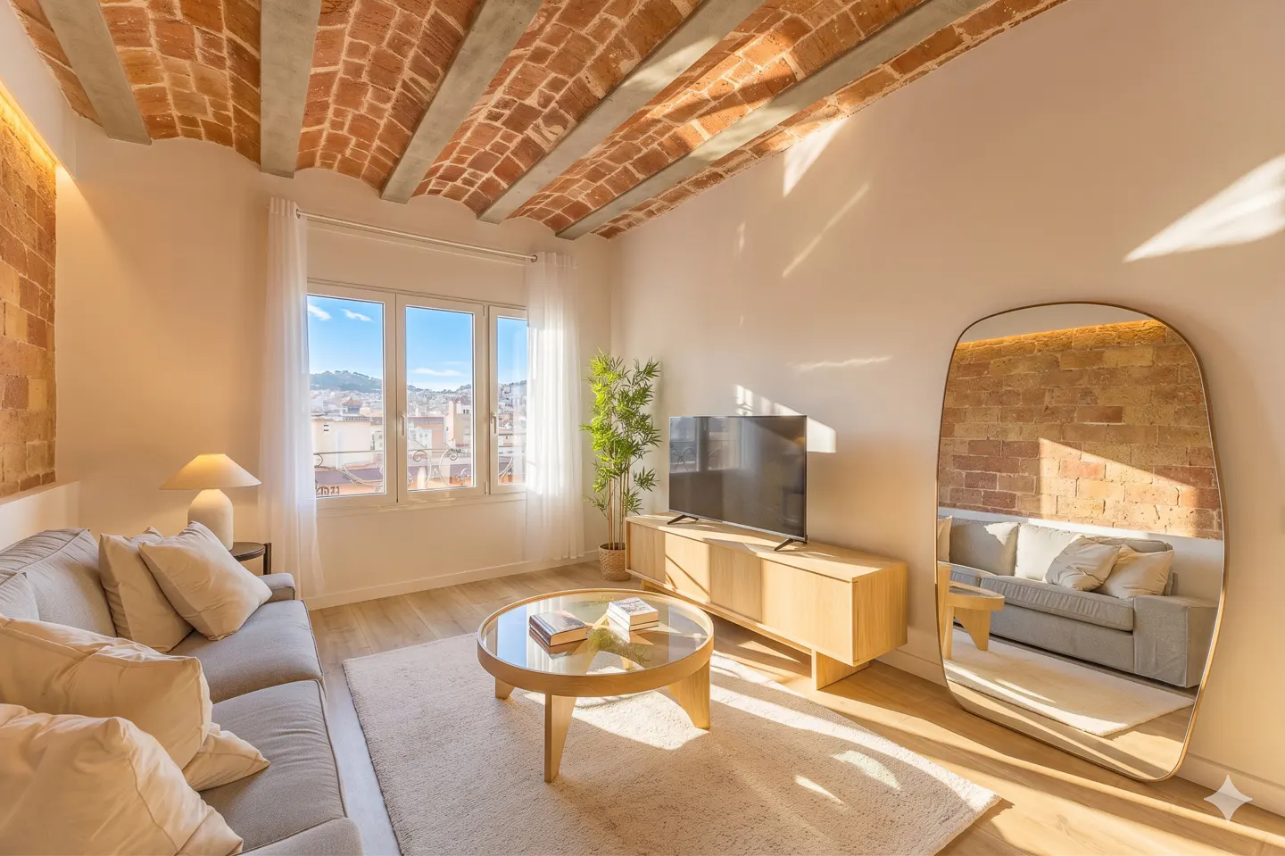 Bright living room with brick ceiling, gray sofa, round table, TV, and large mirror reflecting the room.