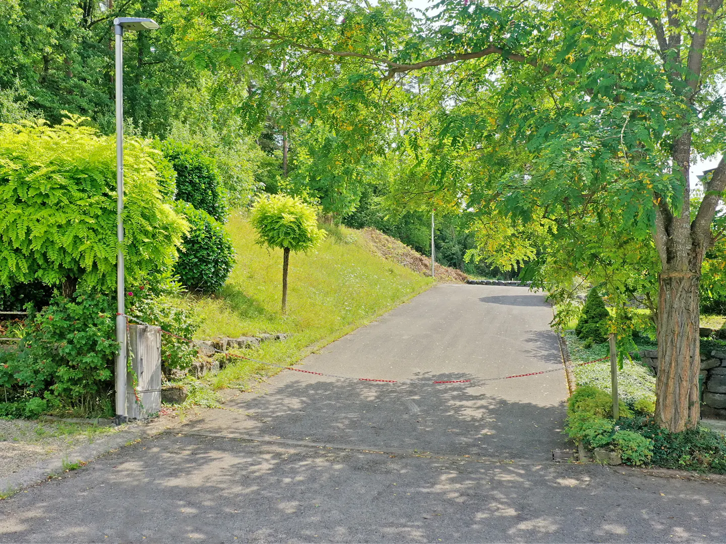 Paved driveway with red chain barrier, surrounded by green trees and bushes. A light pole stands on the left.