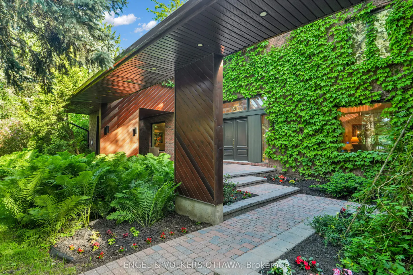 Modern home entrance with a brick walkway, lush ferns, and a wall covered in vibrant green ivy.