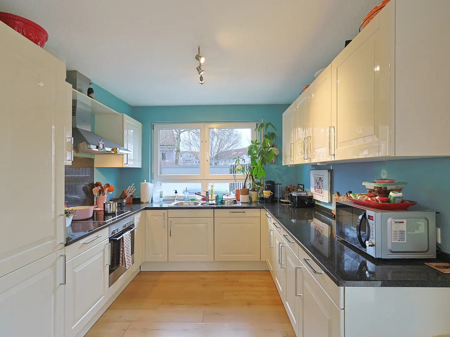 Bright kitchen with white cabinets, black countertops, and light wood floors. A window overlooks a neighborhood. Blue walls add a pop of color.