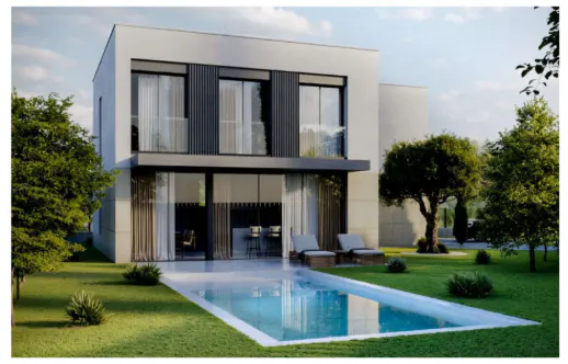 Modern two-story villa with a swimming pool, lounge chairs, and a green lawn under a clear sky.