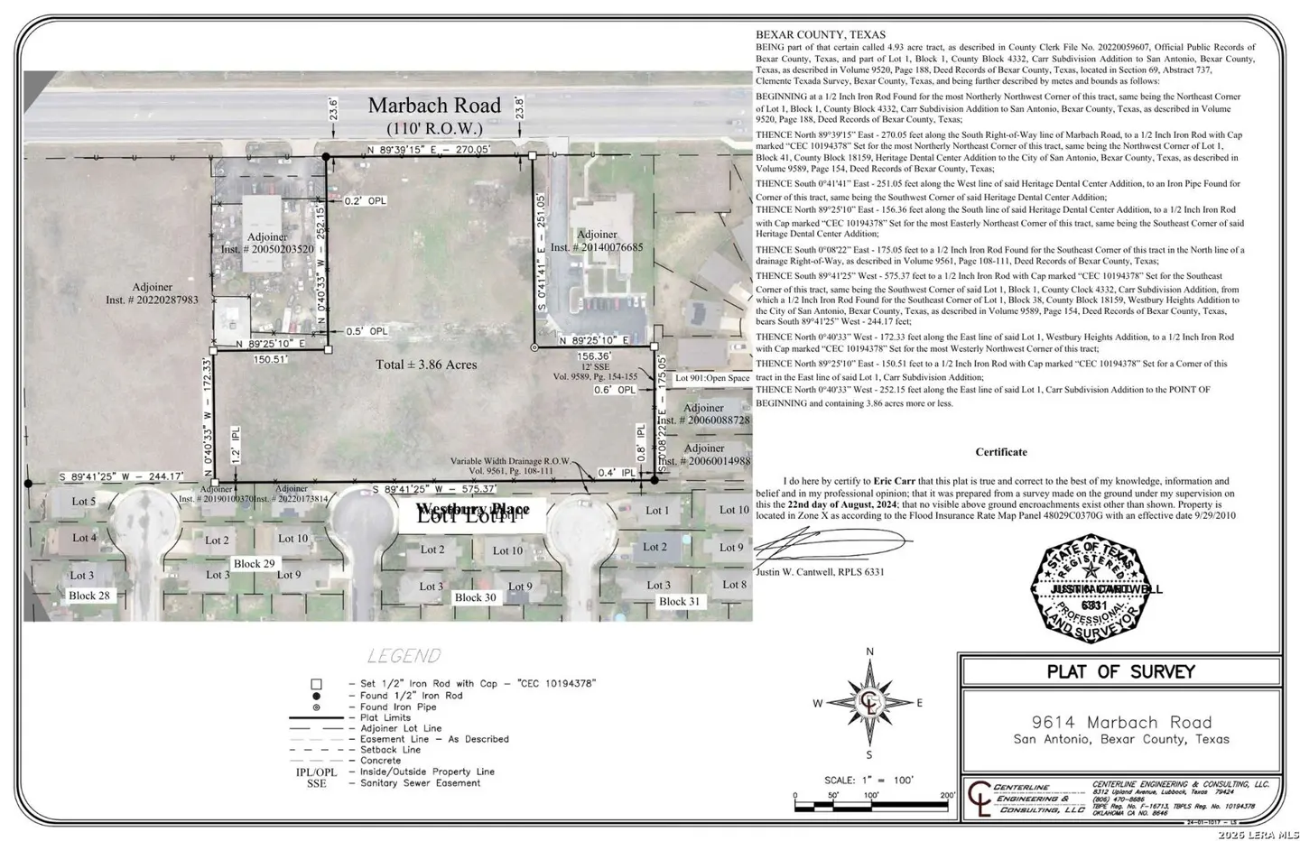 Plat of survey for 9614 Marbach Road, San Antonio, Texas, showing property lines, easements, and adjacent lots.