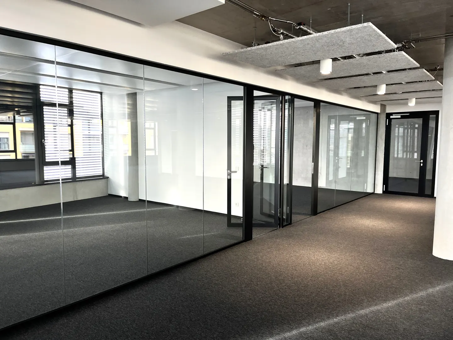 Office space with glass-walled rooms, gray carpet, and suspended acoustic panels. Black door frames and window frames.