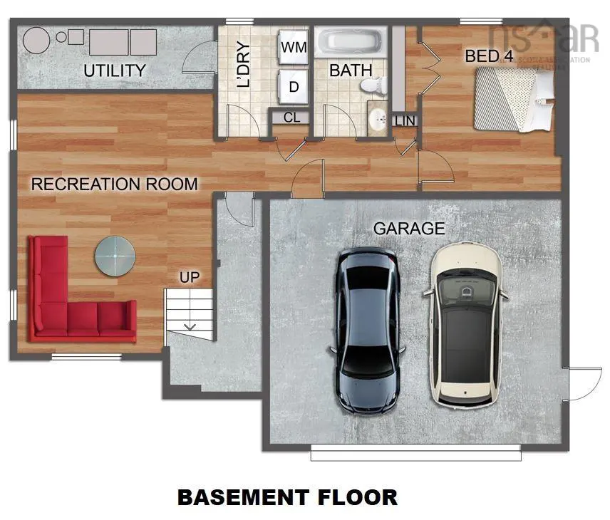 Basement floor plan with recreation room, utility, bath, bedroom, and garage with two cars.
