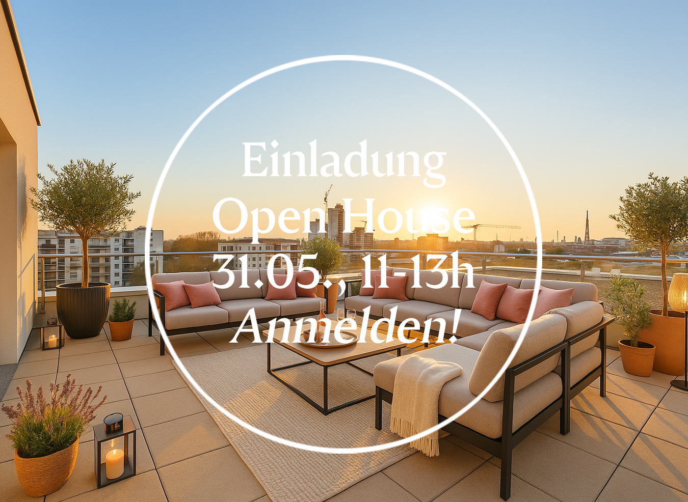 Open house invitation on a rooftop terrace with beige furniture, pink pillows, and potted plants at sunset. Text overlay: "Einladung Open House 31.05., 11-13h Anmelden!"