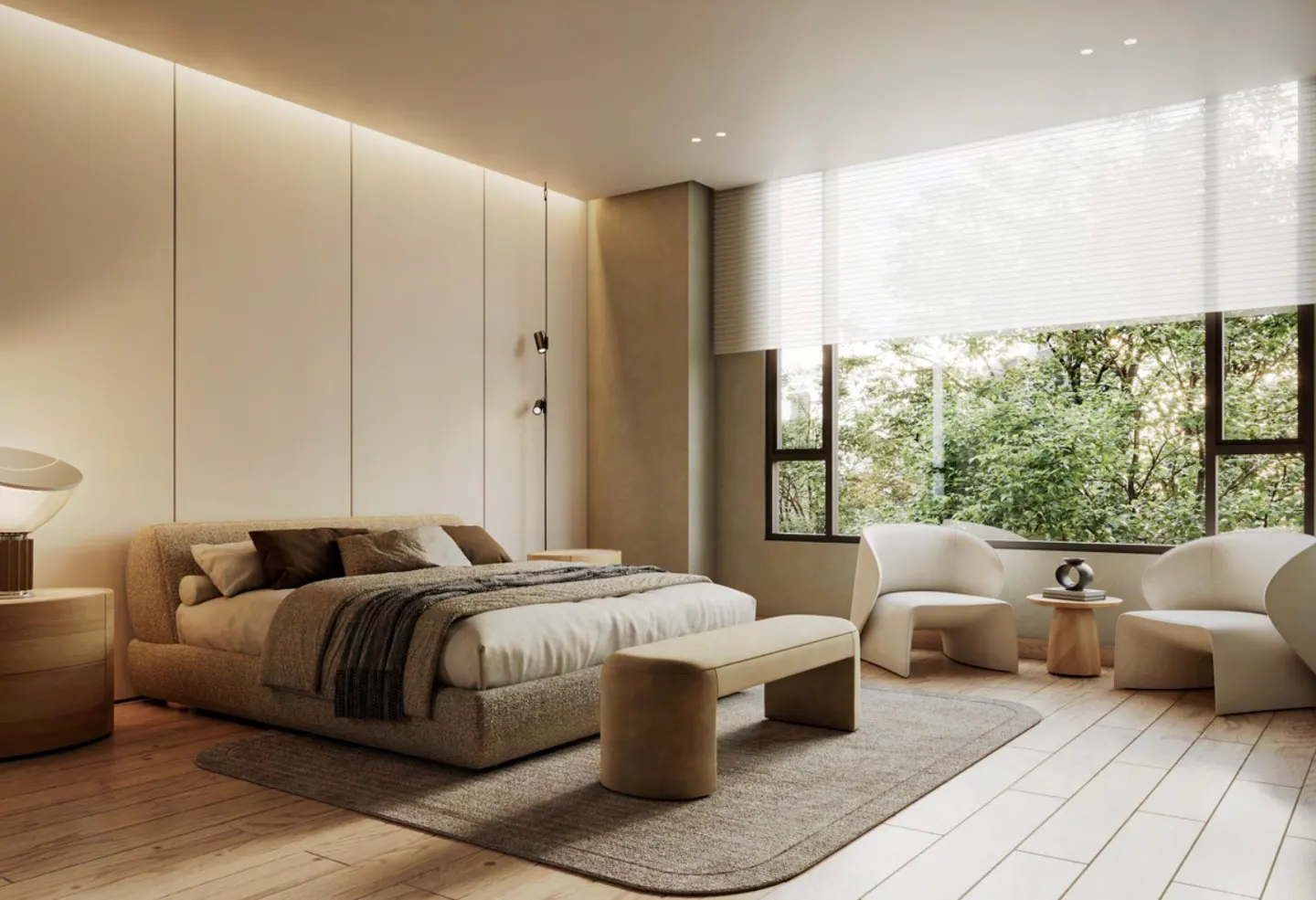A modern bedroom with a large window showing trees. A bed with brown pillows and a blanket, two chairs, and a bench are visible.