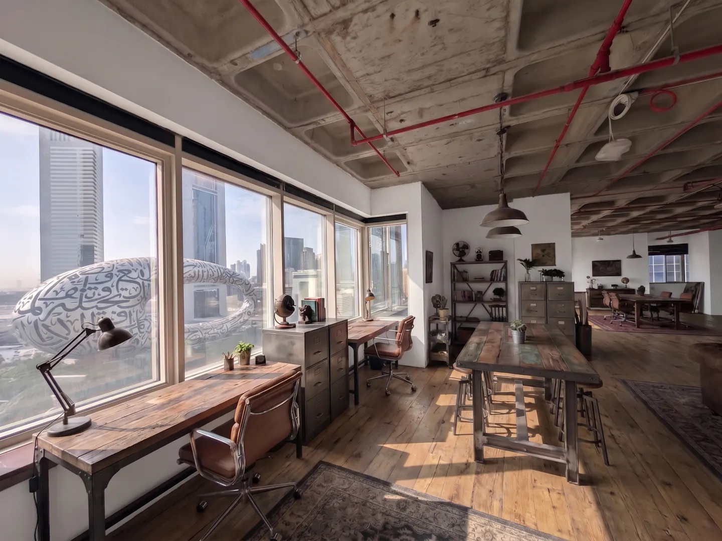 Bright, modern office space with wood floors, desks, and large windows. The Museum of the Future is visible outside.
