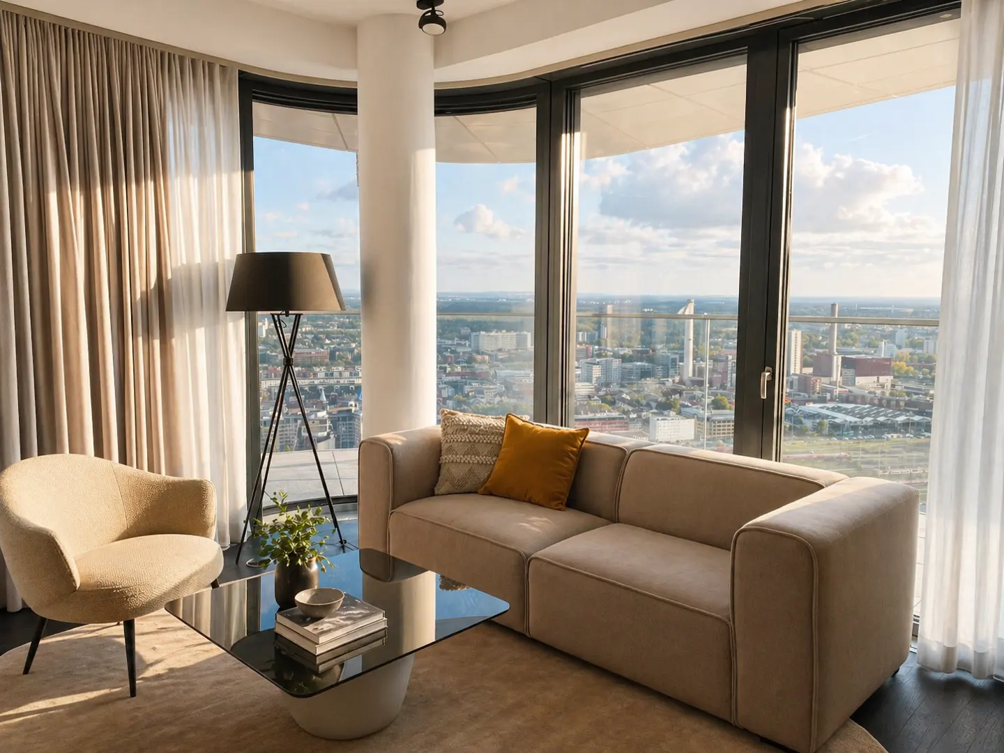 Modern living room with a beige sofa, armchair, glass coffee table, and floor lamp, overlooking a panoramic city view.