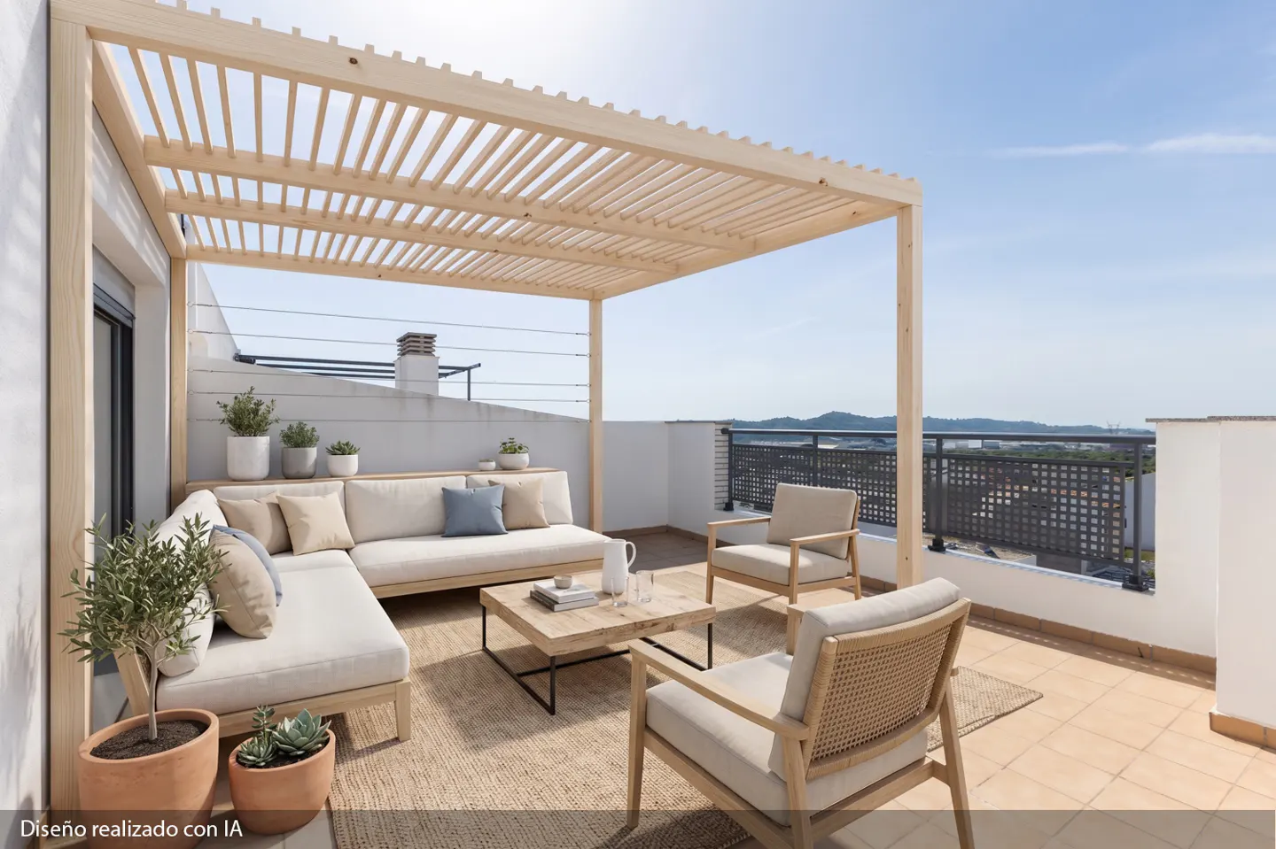 Rooftop patio with a light wood pergola, beige sectional sofa, chairs, and a coffee table on a jute rug. Potted plants add greenery.
