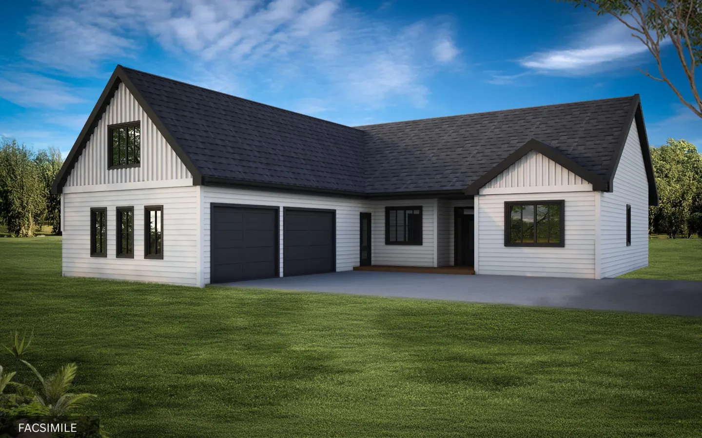 A modern, white, one-story house with a black roof and two-car garage on a green lawn under a blue sky.
