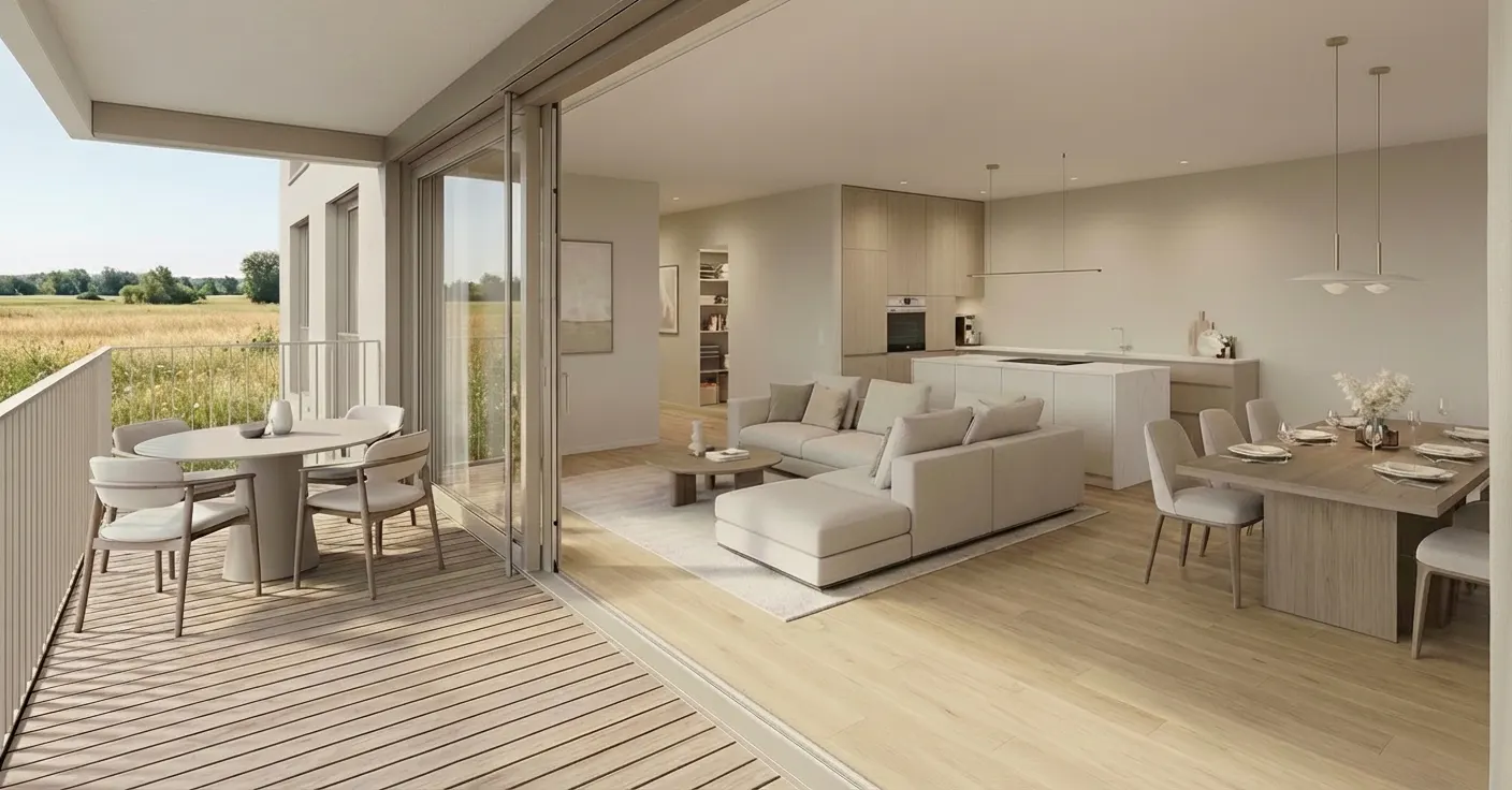 Open-concept living space with a balcony. Beige sofa, dining table, and kitchen. Balcony has a table and chairs overlooking a field.