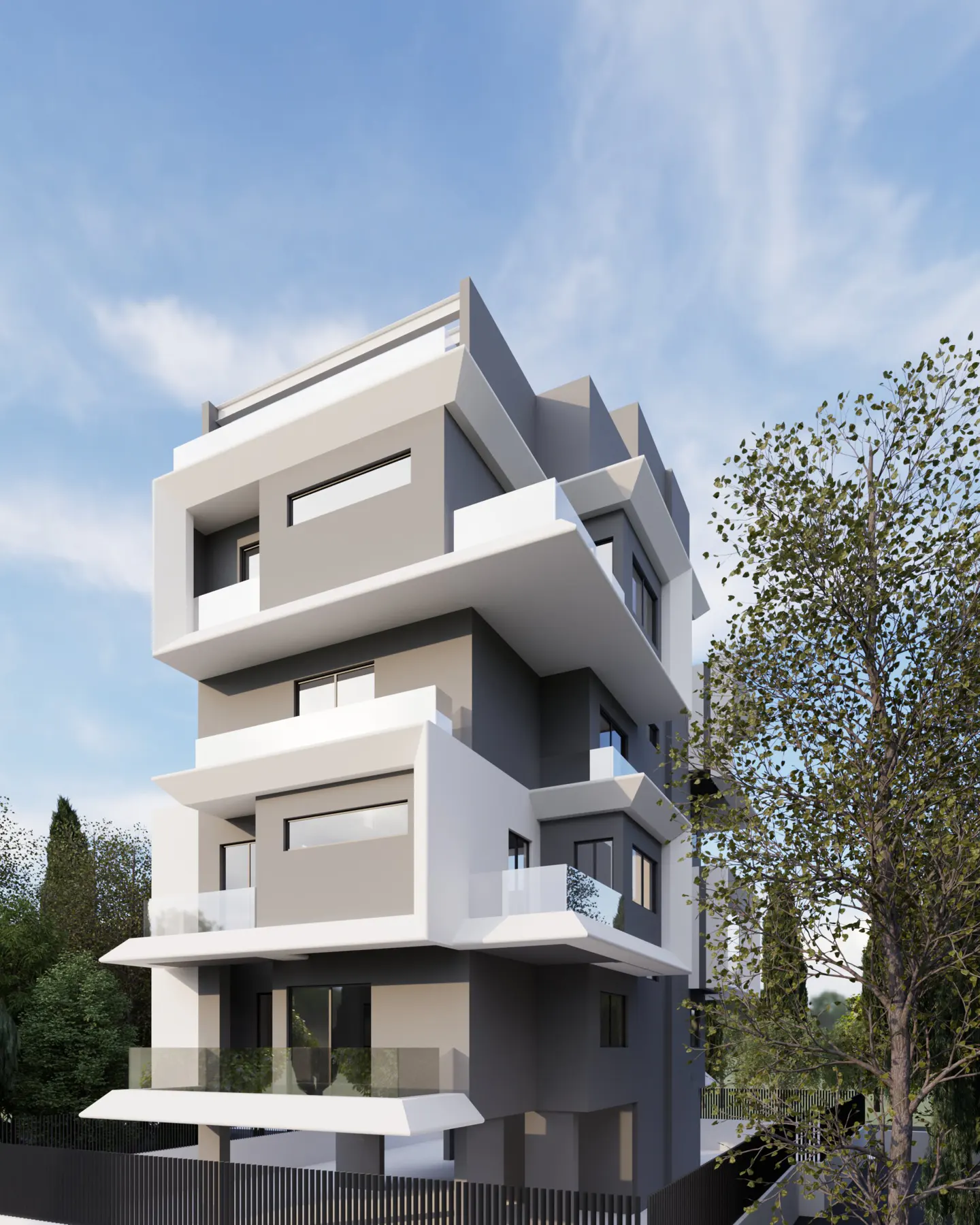 Modern four-story apartment building with gray and white geometric balconies against a blue sky and surrounding trees.