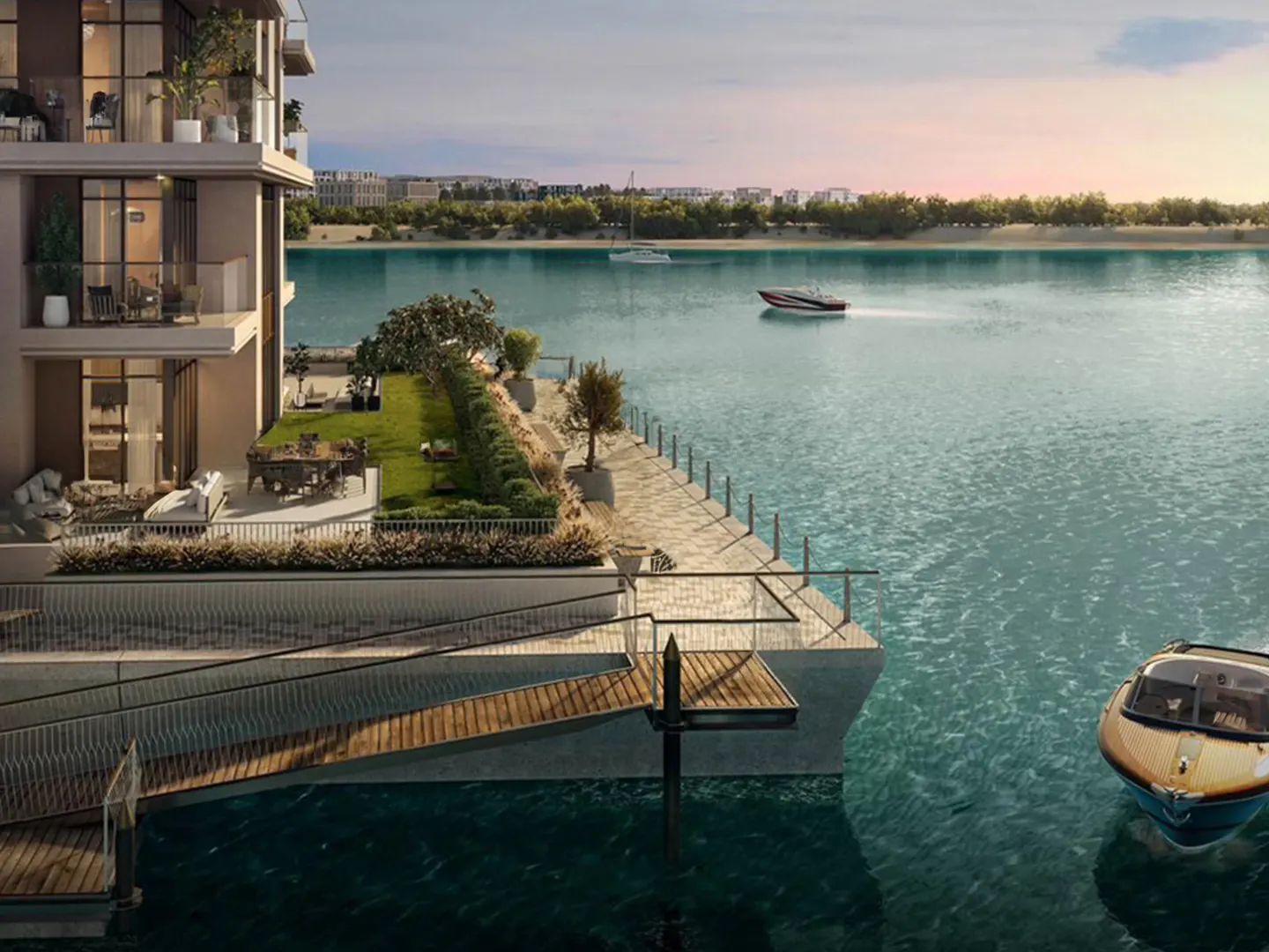 Luxury waterfront property with a private dock and boats on the turquoise water. Balconies and a green lawn are visible.