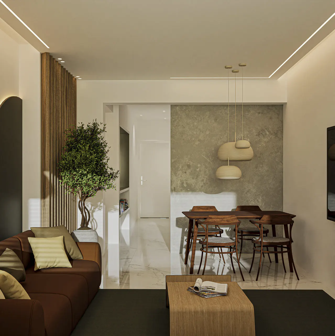A modern living room with a brown sofa, wooden dining table and chairs, and a decorative tree. The room has marble floors and neutral-toned walls.