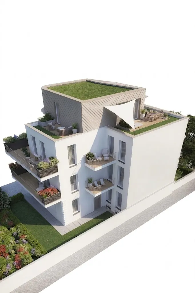 Architectural rendering of a modern white apartment building with balconies, a green roof terrace, and landscaped gardens.
