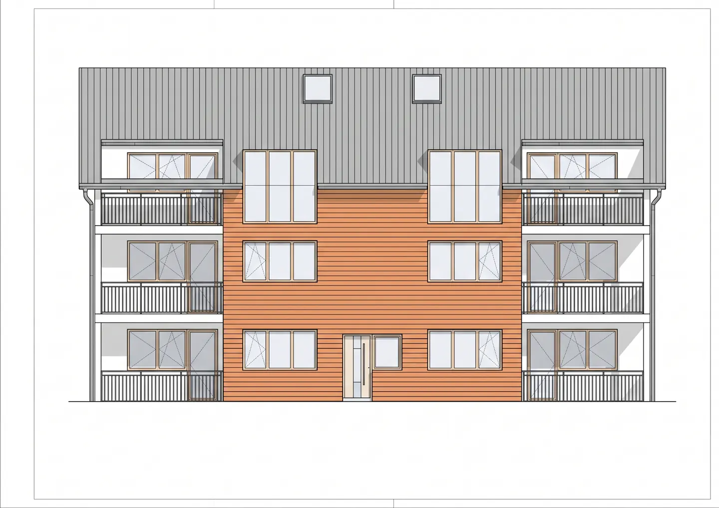 Architectural elevation drawing of a three-story apartment building with wood siding, balconies, and a grey metal roof.