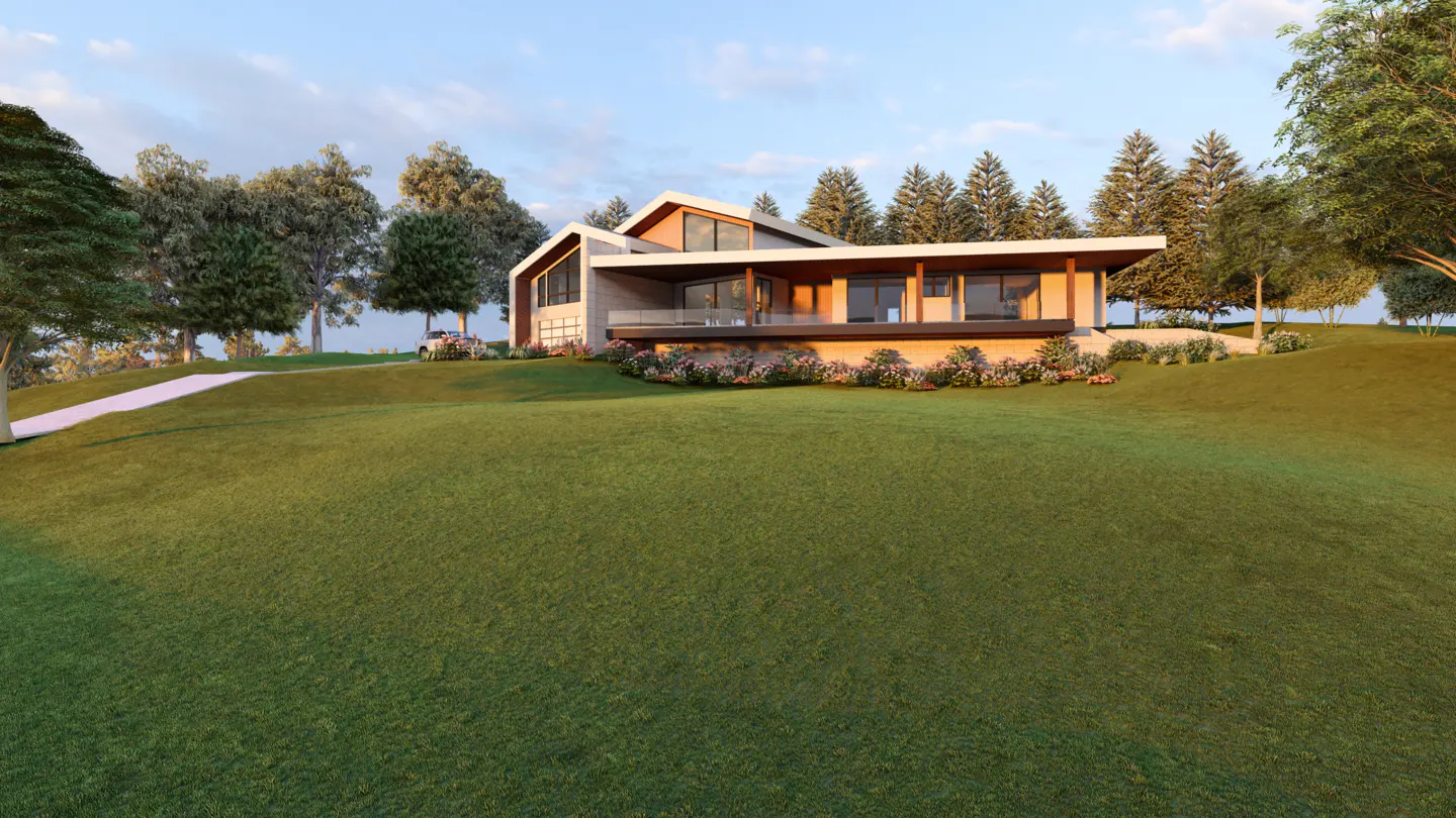 Modern house with a flat roof and large windows, set on a green lawn with trees and flowers.