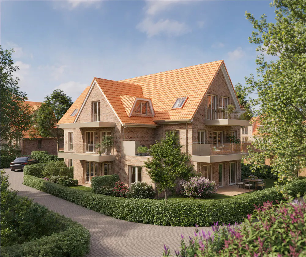 Modern brick apartment building with orange tiled roof, balconies, and landscaped gardens on a sunny day.