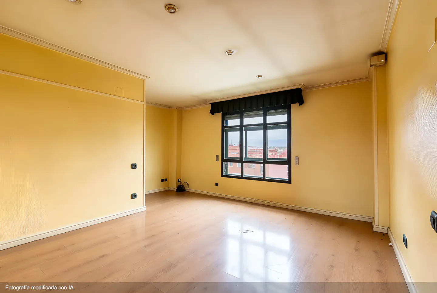 Empty yellow room with wood floors and a large window. Black curtains hang above the window, which overlooks a city.