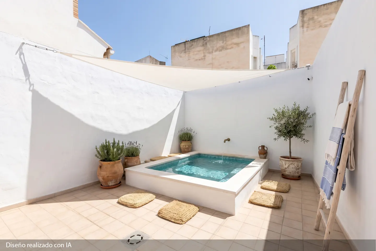 A bright courtyard with a small, tiled pool, potted plants, and woven cushions. A ladder with a towel leans against a white wall.