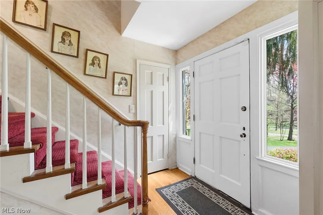 Entryway with white door, sidelights, and a view of the yard. A red-carpeted staircase is on the left, adorned with framed portraits.