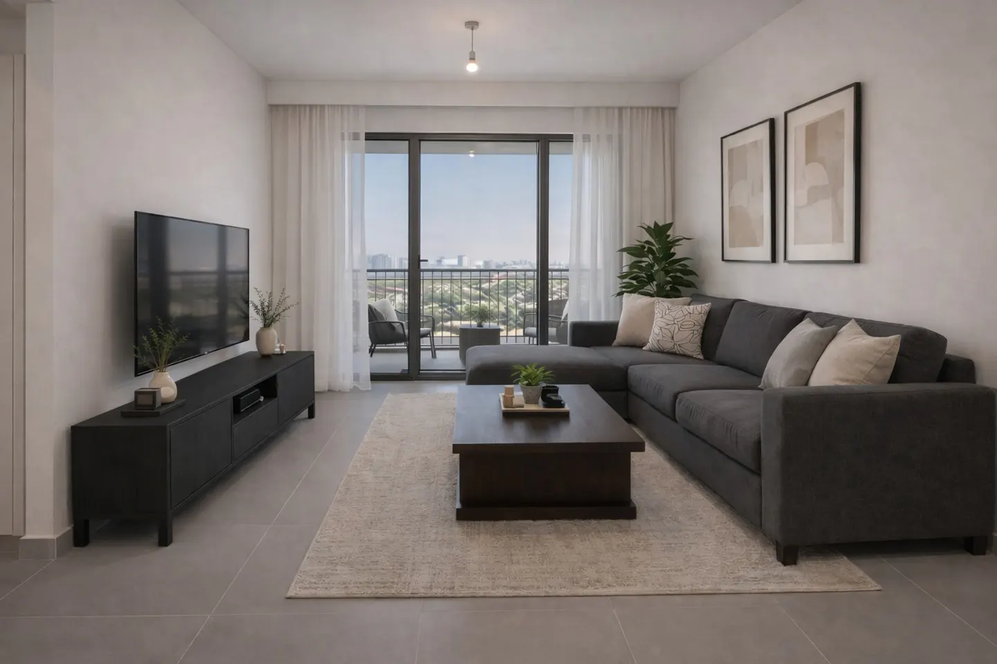 Living room with gray sectional sofa, dark wood coffee table, and TV stand. Balcony with city view in background.