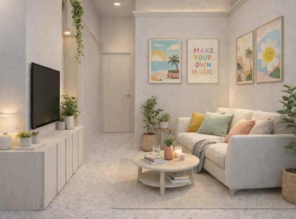 Living room with a white couch, round coffee table, and colorful wall art. A TV sits on a white cabinet with plants.