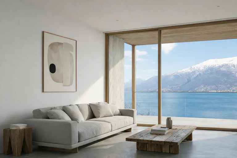 Living room with a gray sofa, wood table, and a large window view of a lake and snow-capped mountains.