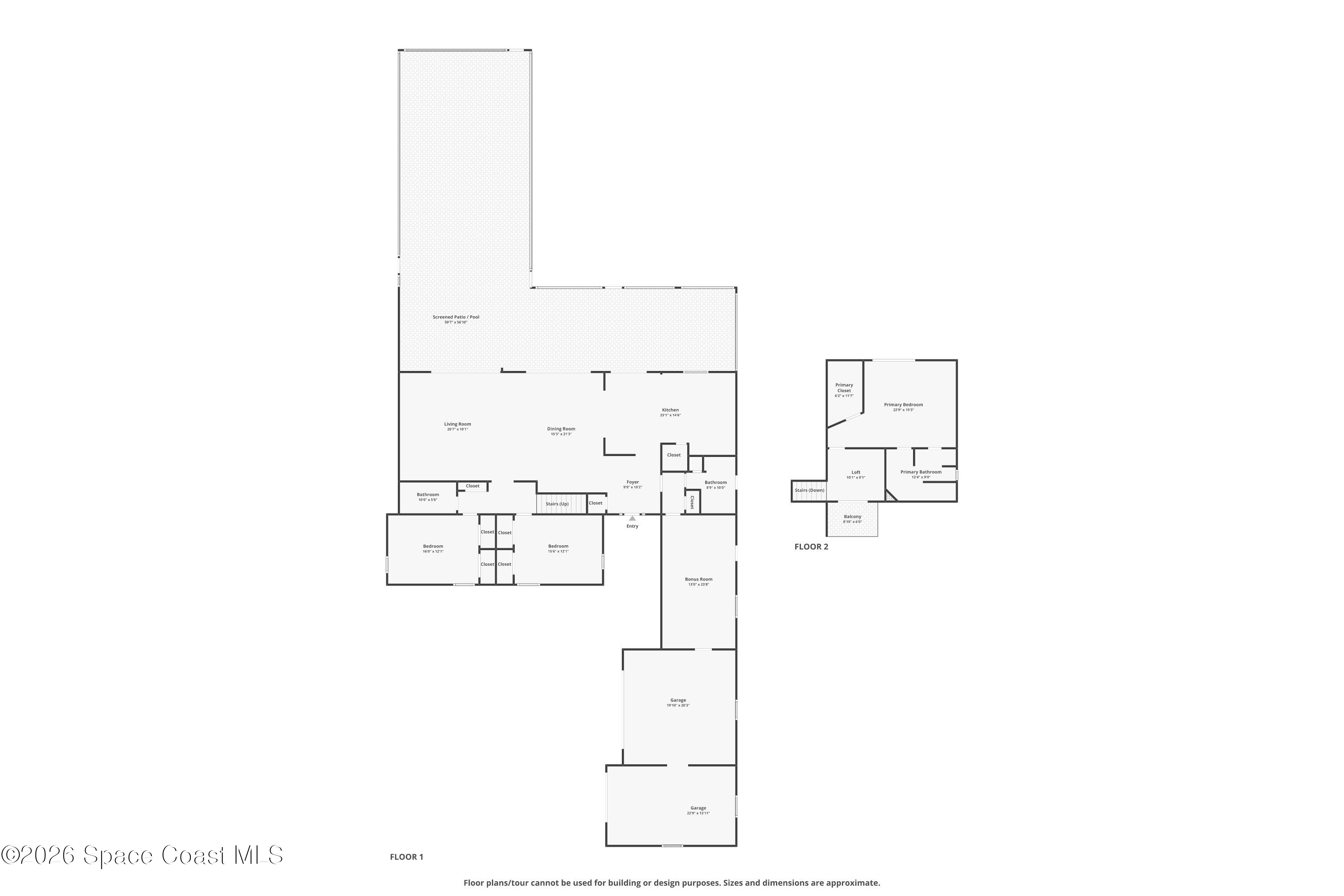 Floor plan of a two-story house. The first floor has a living room, kitchen, bedrooms, bathrooms, and garage. The second floor has a bonus closet, a primary bedroom, and a loft.