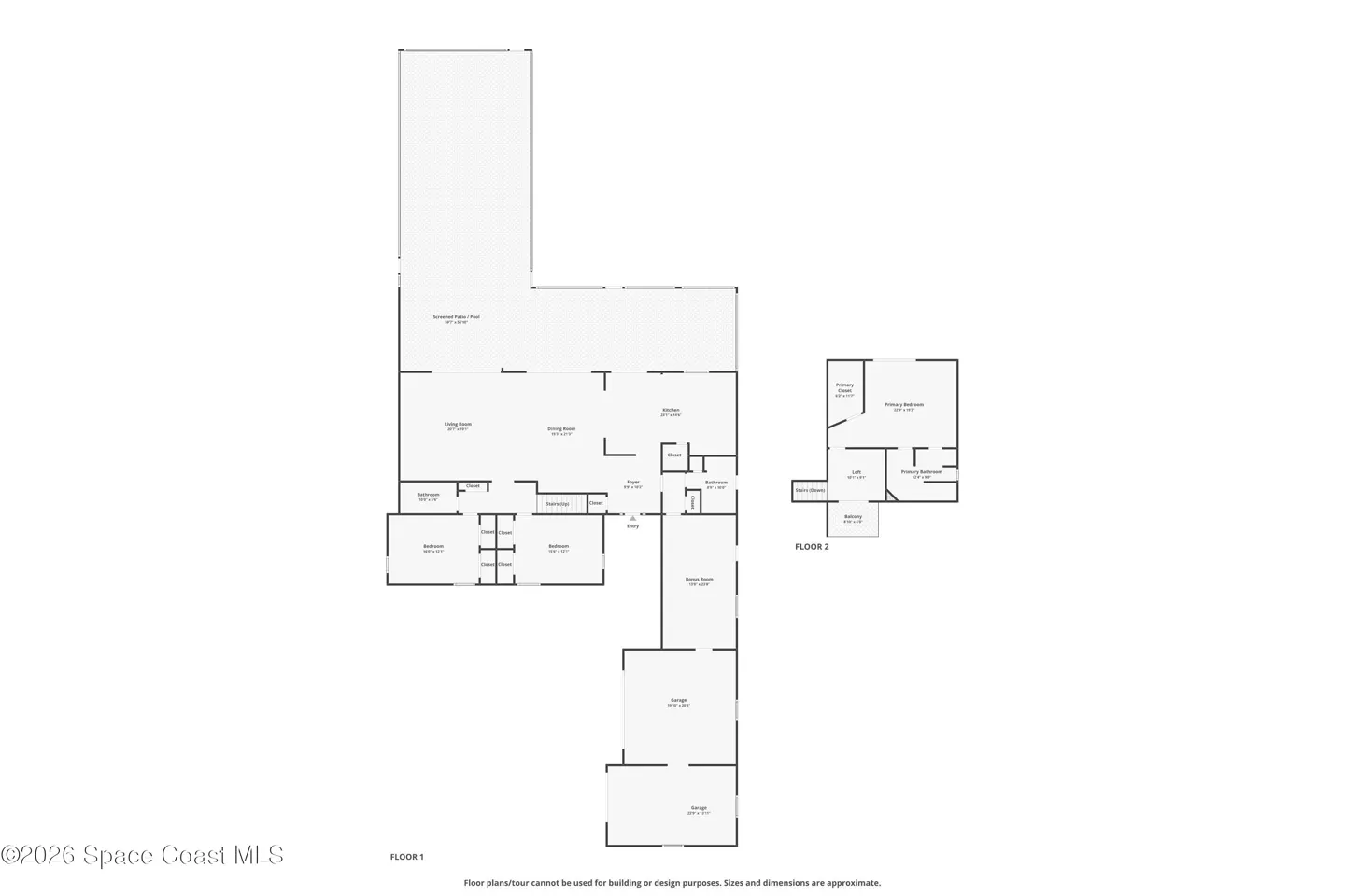 Floor plan of a two-story house. The first floor has a living room, kitchen, bedrooms, bathrooms, and garage. The second floor has a bonus closet, a primary bedroom, and a loft.