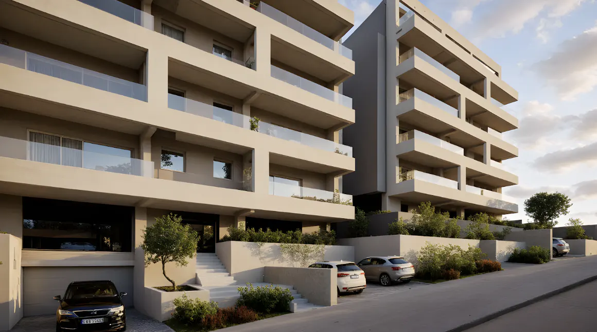 Modern beige apartment buildings with glass-railed balconies, landscaped grounds, and parked cars at sunset.