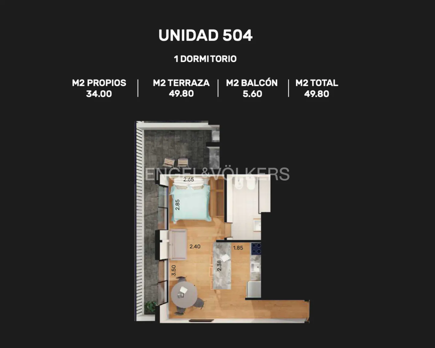Floor plan of Unit 504, a one-bedroom apartment, with balcony, terrace, living room, kitchen, and bedroom. Engel & Völkers logo.