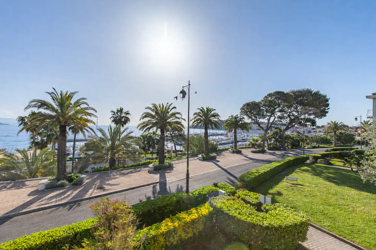 Scenic view of a coastal road lined with palm trees, green hedges, and a marina with boats under a clear blue sky.
