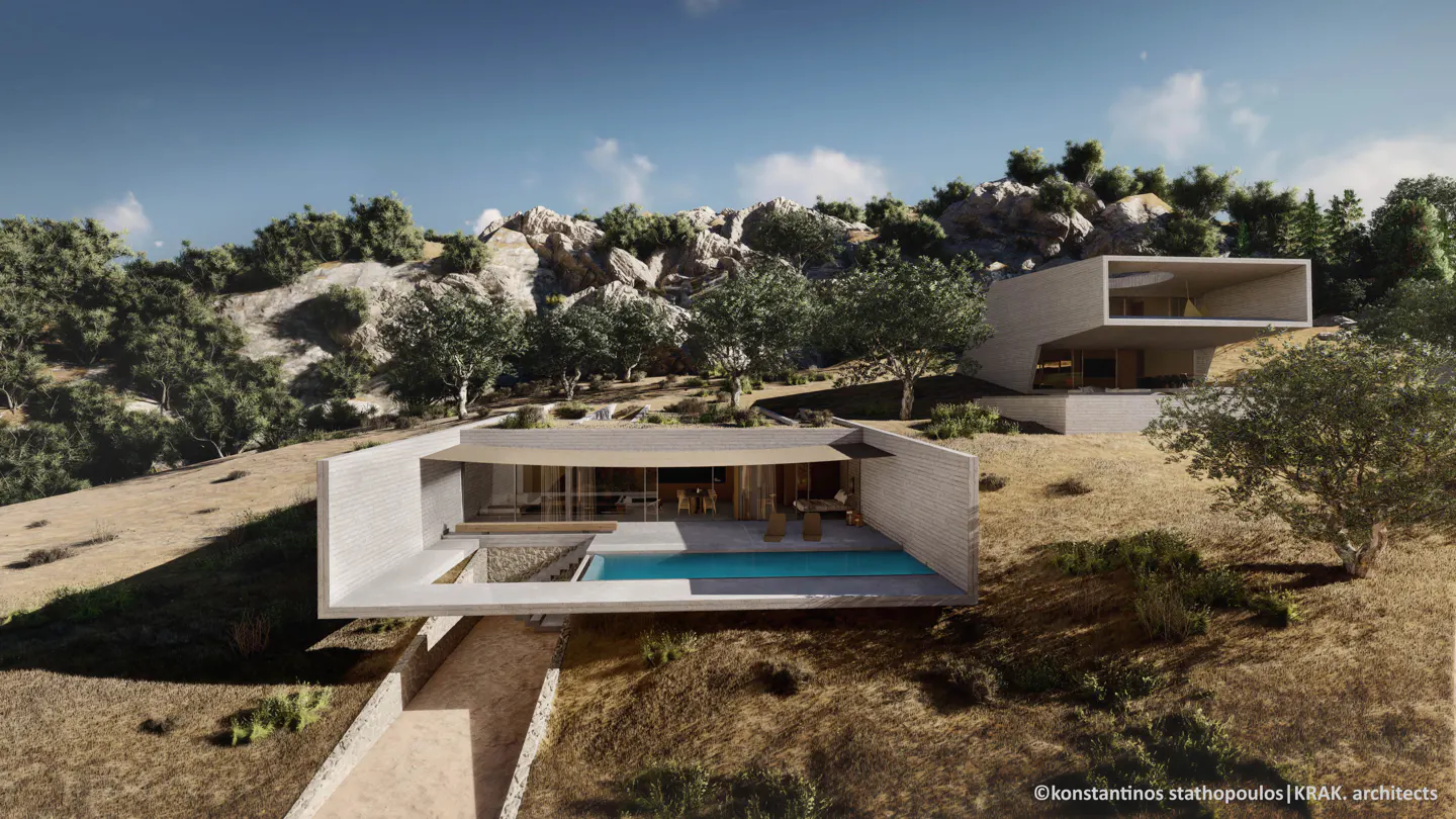 Modern hillside homes with pools. The houses are concrete and boxy, with large windows. The landscape is dry and rocky.