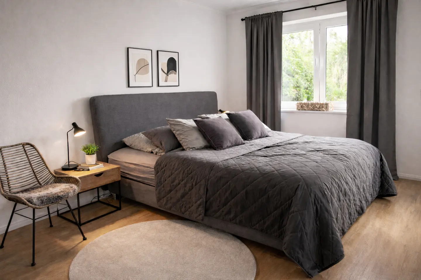 Bedroom with a gray bed, pillows, and quilt. A wicker chair and nightstand are on the side. Gray curtains frame a window.