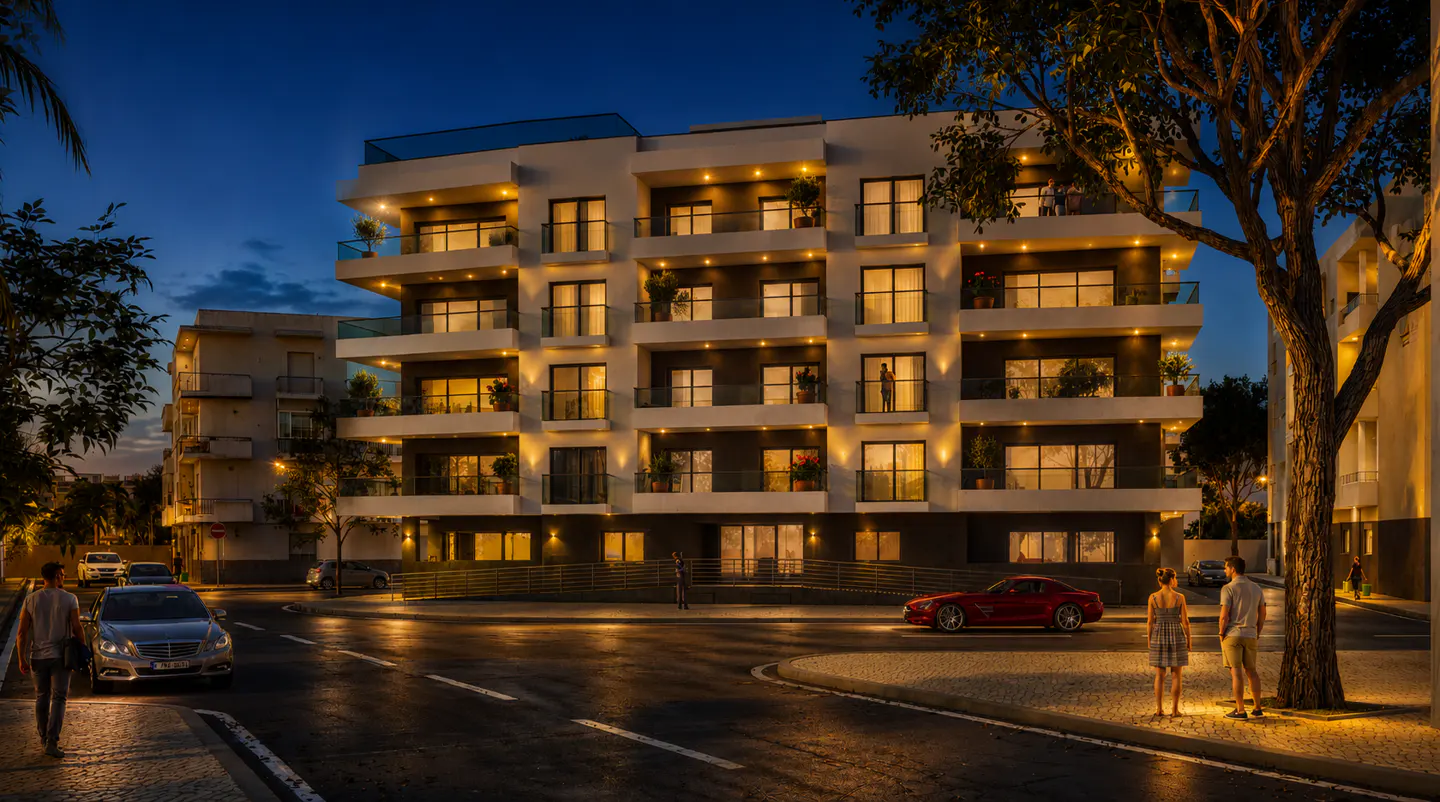 Modern apartment building at night with illuminated balconies, a red sports car, and people walking on a city street.