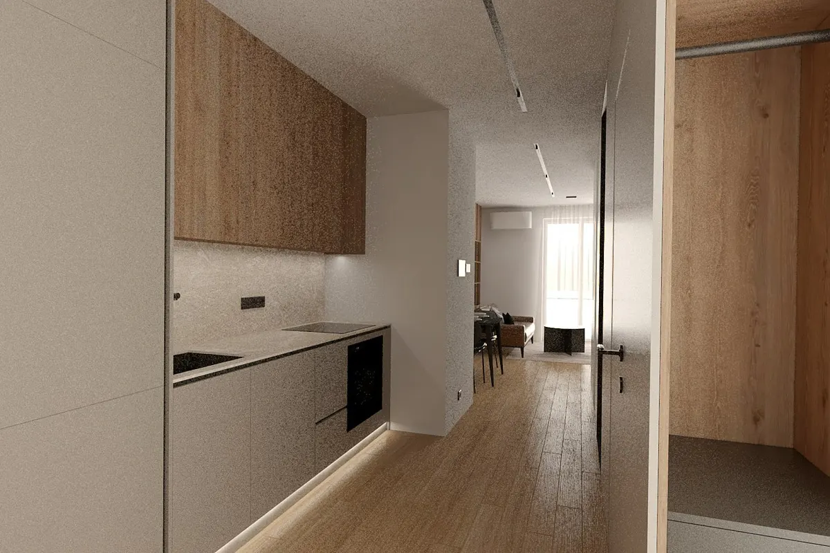 A modern apartment interior shows a kitchen with wood cabinets and a living room with a brown sofa in the background.