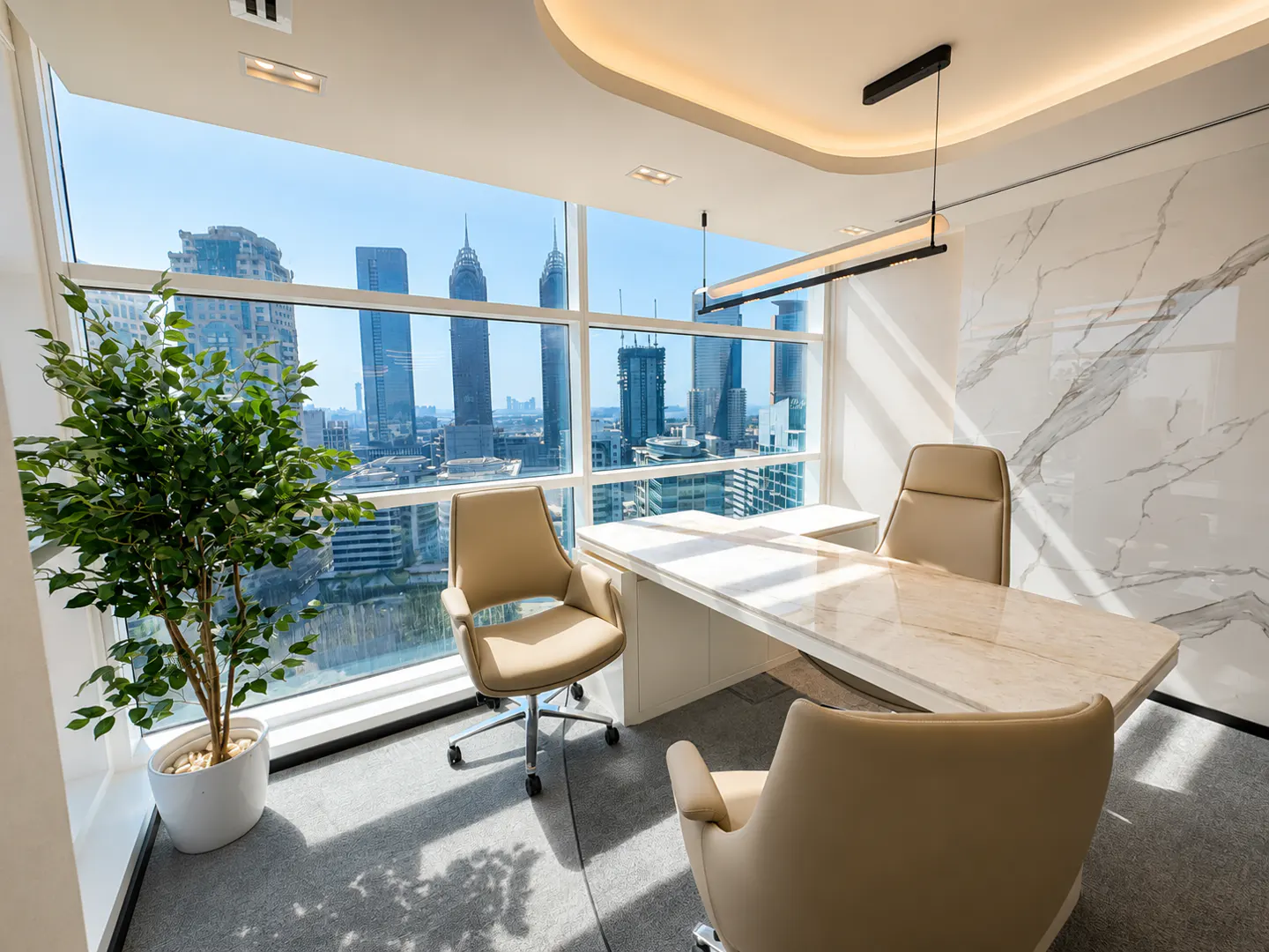 Modern office with a marble desk, tan chairs, and a potted plant, overlooking a bright city skyline through large windows.