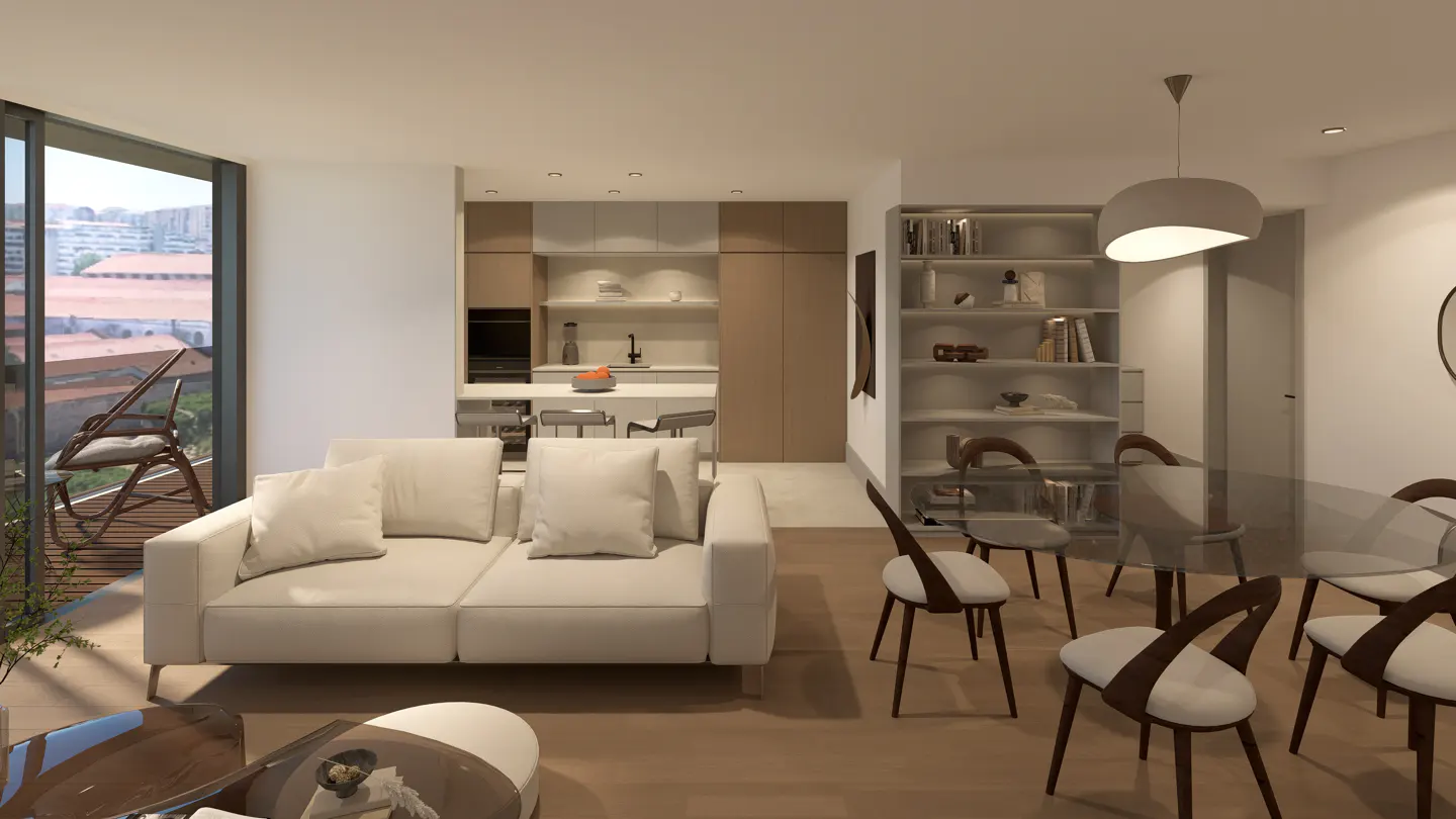 A modern apartment interior with a white sofa, dining table, and open kitchen. Balcony with a chair visible through a large window.