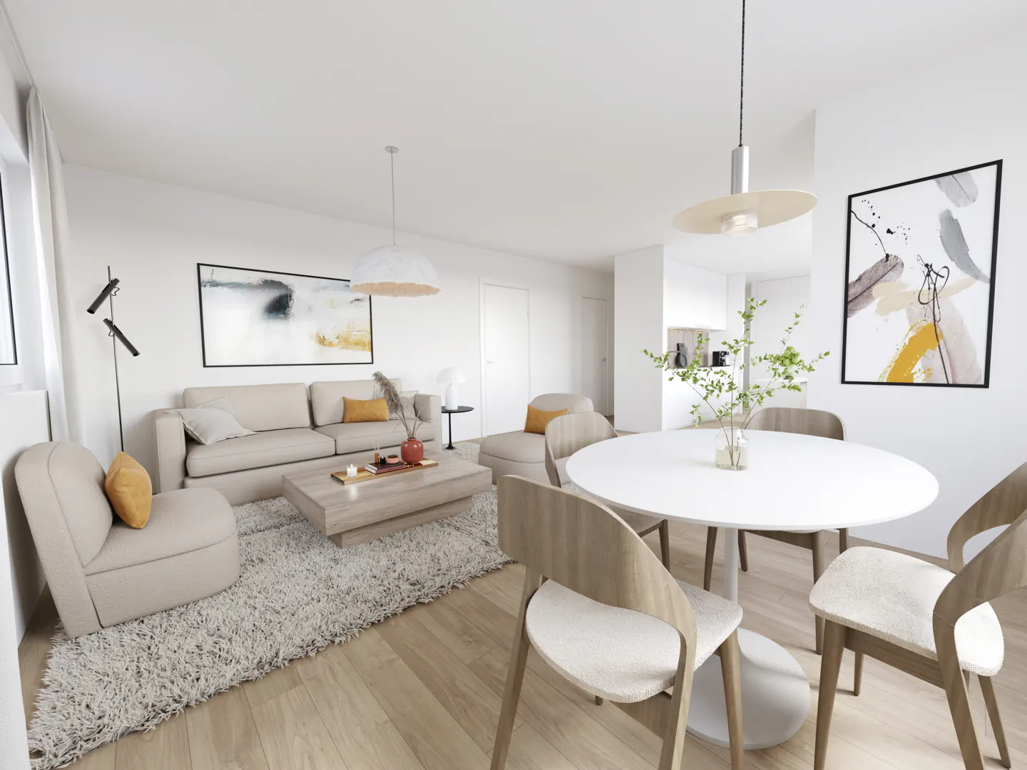 Bright, modern living room with a beige sofa, round white dining table, and light wood floors. Abstract art hangs on the walls.