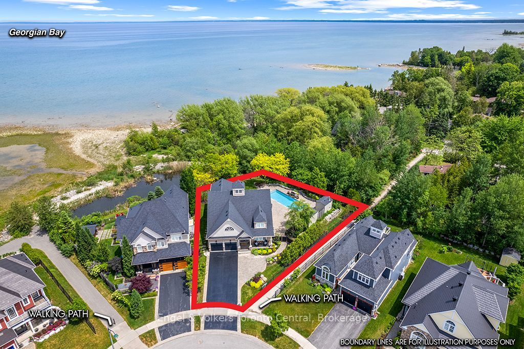 Aerial view of a waterfront home on Georgian Bay with a pool, highlighted property lines, and nearby walking paths.