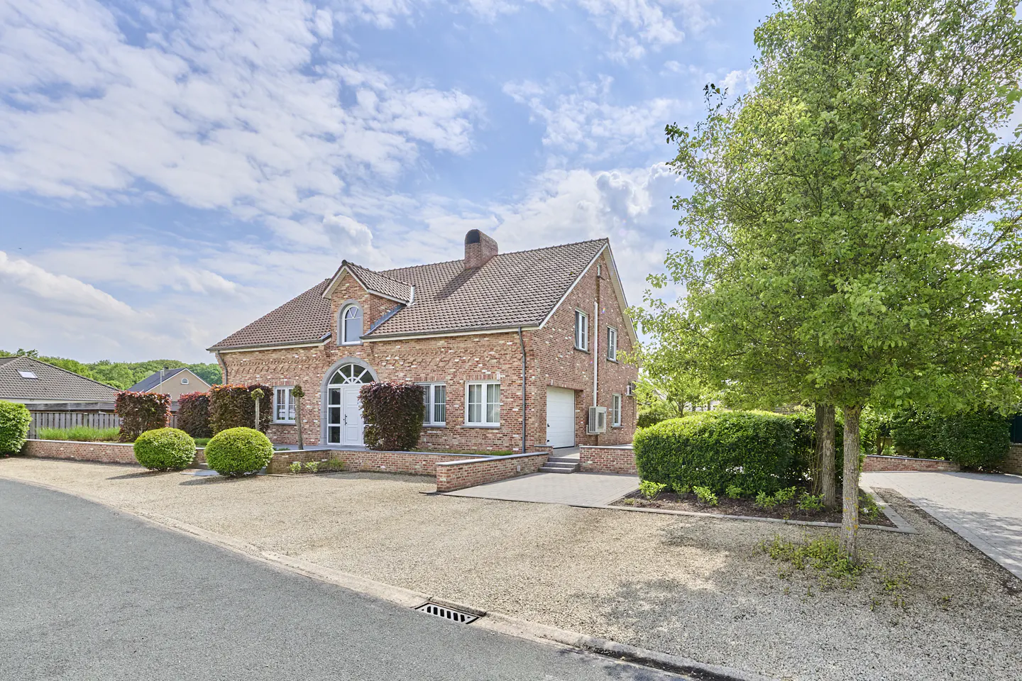 Two-story brick house with a white door and garage, surrounded by green bushes and a tree under a blue sky.