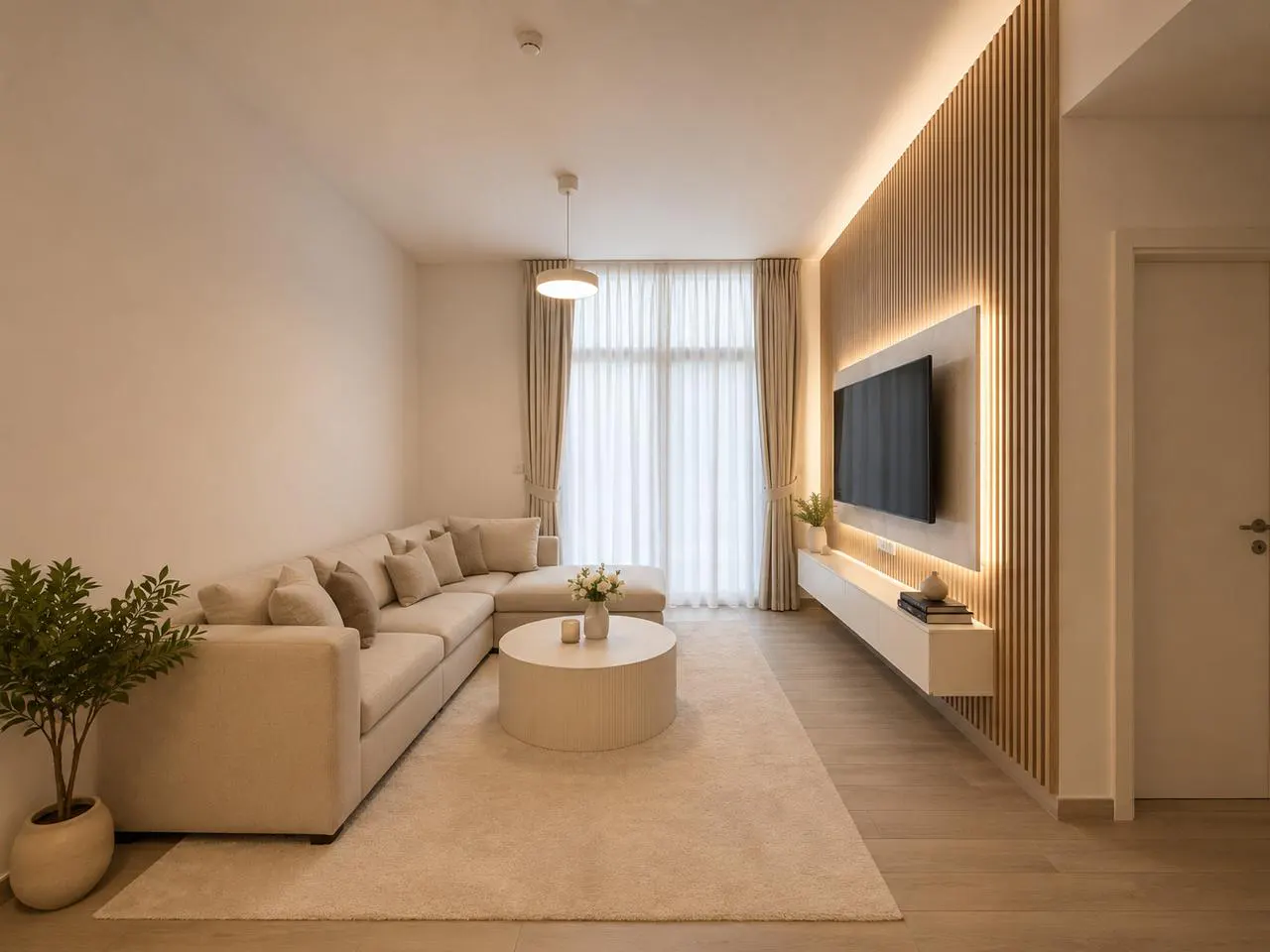 Bright living room with a beige sectional sofa, round coffee table, and a large TV mounted on a wood-paneled wall with LED lighting.