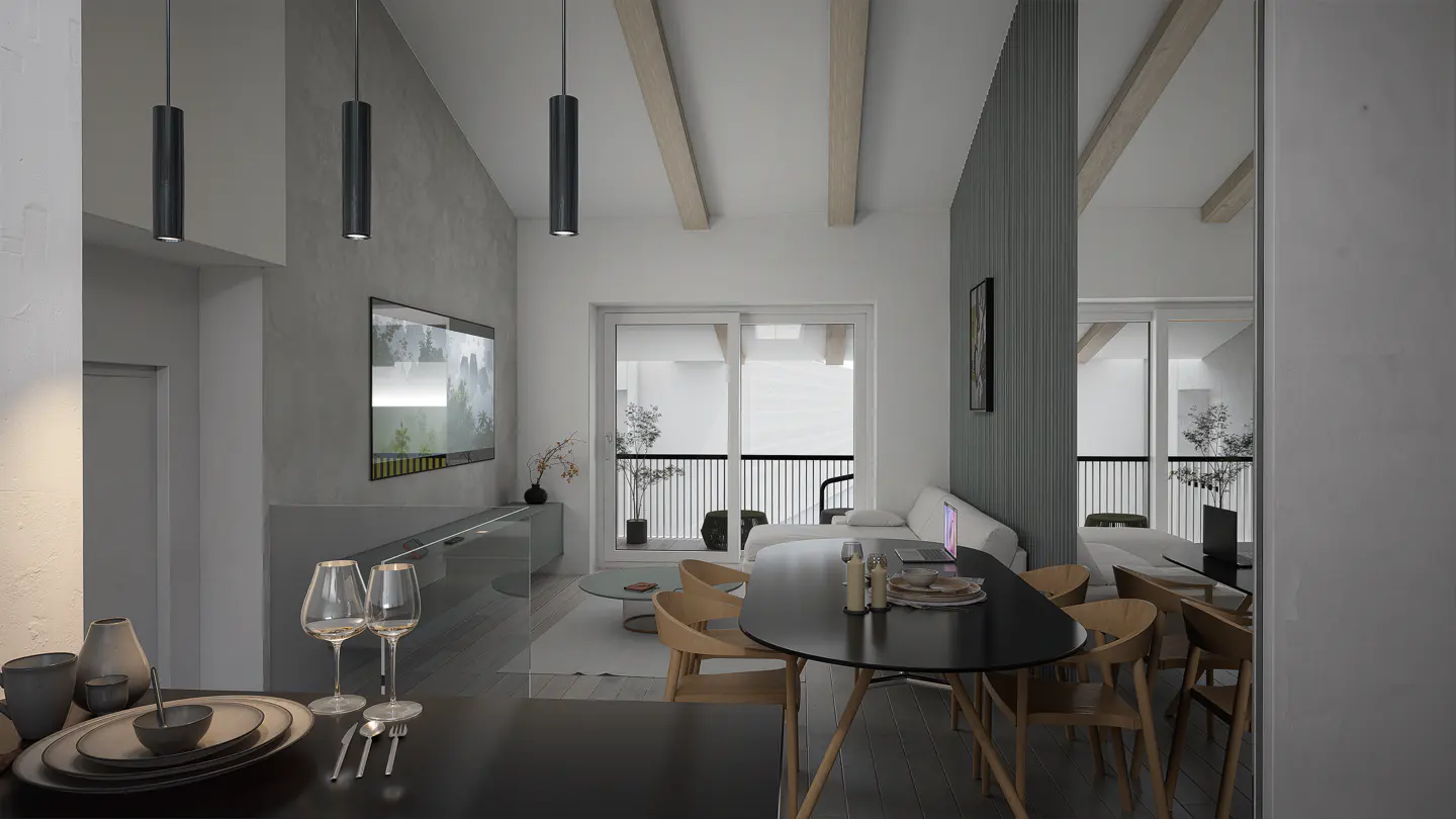 A modern apartment interior with a black dining table, wooden chairs, and a TV. Natural light streams through a sliding glass door.