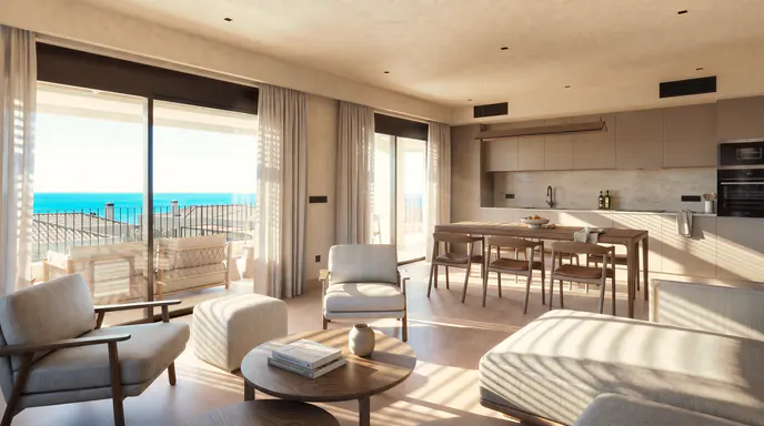 Modern open-plan living area with neutral furniture, dining table, and sliding doors opening to a sunny ocean view balcony.