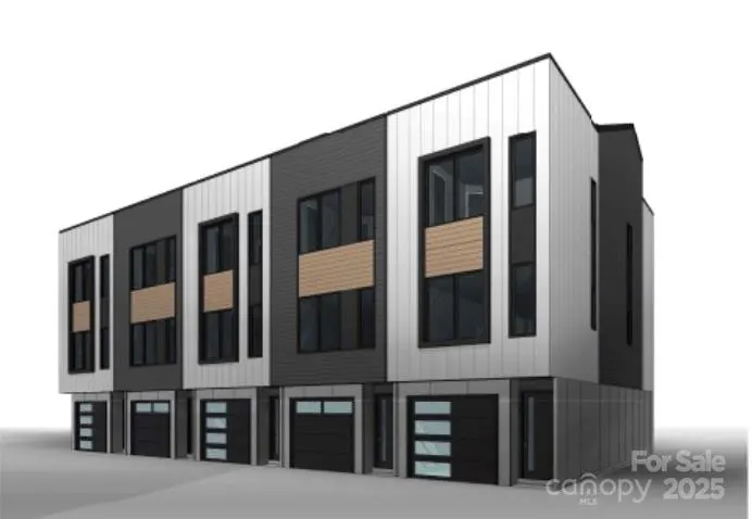 Modern townhouses in gray, white, and black, with wood accents and black garage doors. "For Sale" text in the corner.