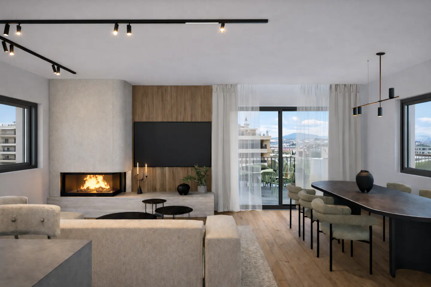 A modern living and dining area with a fireplace, TV, and a view of the city. The room has neutral colors and wood accents.
