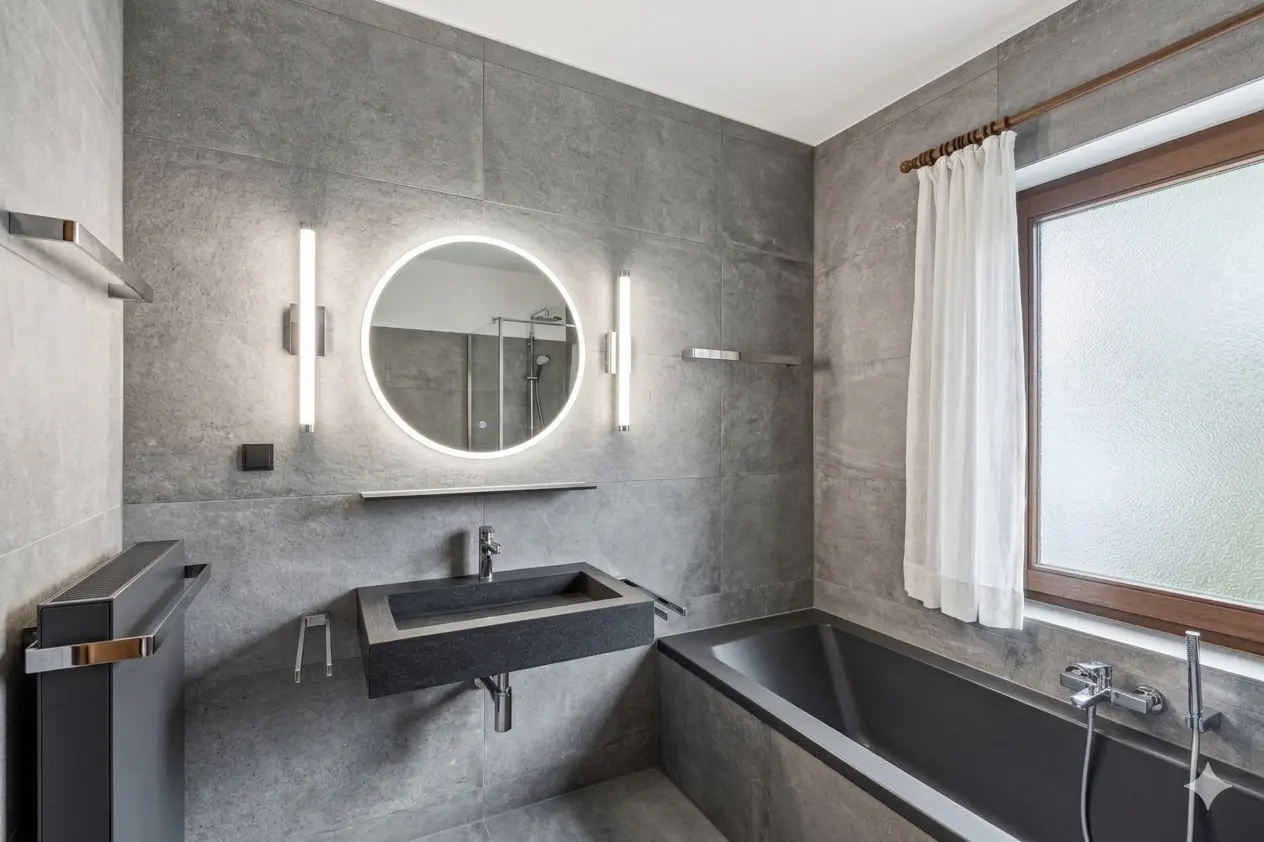 Modern bathroom with gray tile walls, black tub, and a round, lighted mirror above a stone sink. A white curtain hangs by the window.